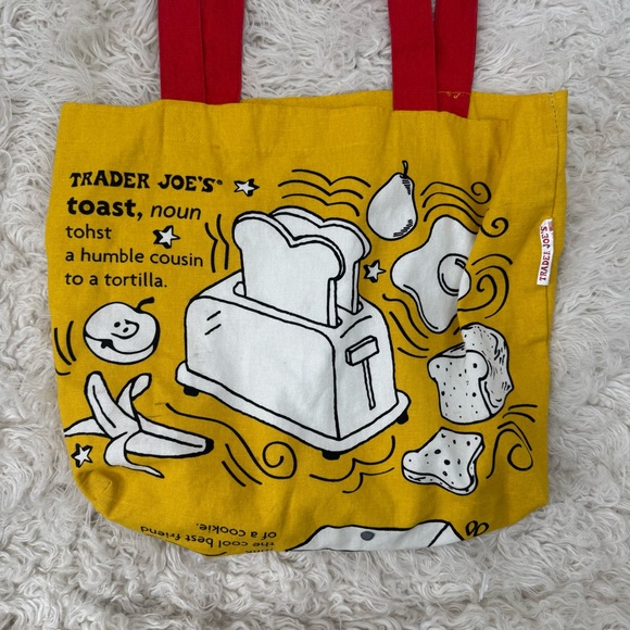Trader Joe’s Waffle & Toast Yellow Tote Bag with Red Handles Reusable - Picture 2 of 9